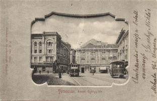 Temesvár, Timisoara; Szent György tér, villamosok, Varneky A. üzlete / square, trams, shop (EK)