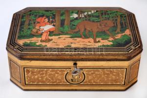 1930 Piroska és a farkas Victoria fém doboz, kulccsal, kopásnyomokkal, 23x16x8 cm