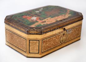 1930 "Piroska és a farkas" Victoria fém doboz, kulccsal, kopásnyomokkal, 23x16x8 cm