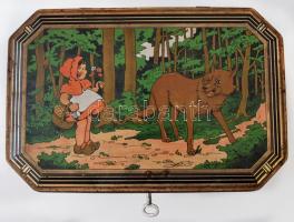 1930 "Piroska és a farkas" Victoria fém doboz, kulccsal, kopásnyomokkal, 23x16x8 cm