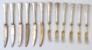 Ezüst ( Ag.) nyelű villa és kés készlet (6-6db), jelzett, mesterjeggyel, h:16 cm, bruttó:300 g
