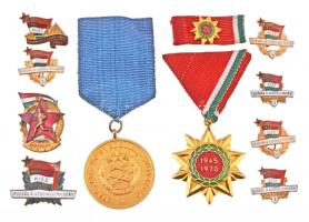 10db-os szocialista jelvény és kitüntetés tétel, benne "MHSZ Honvédelmi Lövészverseny", "KISZ Ifjúsági Szocializmusért" , "KISZ Önkéntes Ifjúsági Tábor", "Felszabadulási Jubileumi Emlékérem" T:2,2-