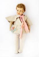 cca 1930 francia játékbaba, textil-szalma, kézzel festett, jelzés nélkül, varrt ruhában, m:56 cm