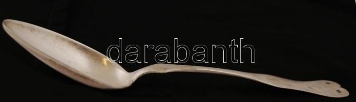 Ezüst (Ag.) leveses kanál, monogrammal, jelzett, mesterjeggyel (KM),  h:22 cm, nettó: 415 g