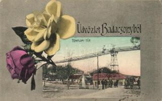 Badacsony, Templom tér, magas-tehervonó; virágkeretes képeslap, Mérei Ignácz kiadása 1908.