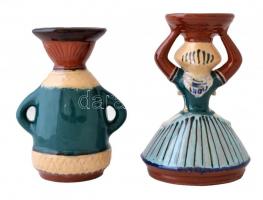 Városlődi majolika kerámia gyertyatartók, 2 db, hibátlanok, jelzettek, m: 18 és 20 cm