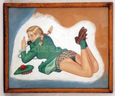 Jef jelzéssel: Telefonáló lány. Olaj, karton, üvegezett keretben, 50×42 cm