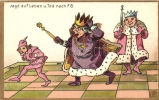 'Jagd auf Leben u. Tod nach F8' / 'Hunting and death after F8', chess themed, humorous postcard (EK)