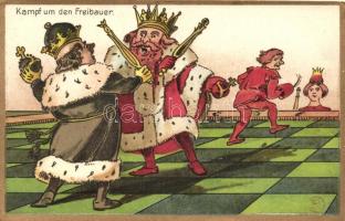 'Kampf um den Freibauer' / 'Fight for the passed pawn', chess themed, humorous postcard (cut)