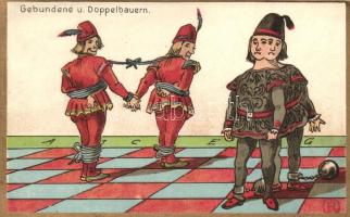 'Gebundene und Doppelbauern' / 'Pawn Chain and Doubled Pawns', chess themed, humorous postcard (cut)