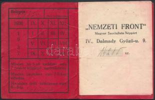 1938 Nemzeti Front Magyarszocialista néppárt tagsági igazolványa tagsági bélyegekkel