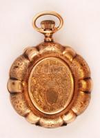 cca 1900 Dupla fedelű, díszes vésésű, arany női zsebóra. 10 köves szerkezet, szép, működő állapotban...