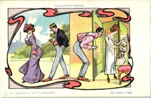 'L'apparenza inganna' / 'Appearances are deceiving', couple humour, Art Nouveau, litho