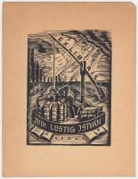 Jaro Beran (1892-1962): Ex Libris, Dr. Lustig István. Fa metszet, papír, jelzett a dúcon, 10×7 cm