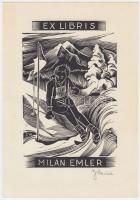 Josef Weiser (1914-1994): Ex Libris Milan Emler. Linó, papír, jelzett, 11×7 cm