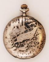 Intact márkájú, vadász jelenettel díszített duplafedeles ezüst svájci zsebóra. Jól működő szerkezett...