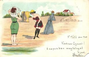 Gruss aus... / Greeting card, ladies in bathing suits, litho (EM)