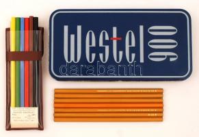 6 db színes ceruza+8 db különböző keménységű KOH-I-NOOR grafitceruza Westel fém tolltartóban, 23x12x2 cm