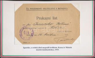 1919 Cseh igazolás a megszállt területeken Kassa és Miskolc közötti közlekedésre jogosító