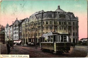 Temesvár, Timisoara; Lloyd és tőzsde palota, villamos 'Turul Cipő' hirdetéssel / Lloyd and stock exchange palace, tram with shoe advertisment (EK)