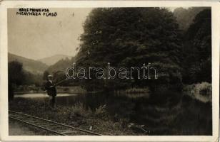 Menyházafürdő, Baile Moneasa; tó, horgász, kisvasút sín / lake, fishing man, narrow railway, photo (EK)