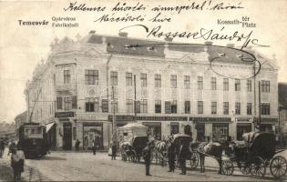 Temesvár, Timisoara; Gyárváros, Kossuth tér, villamos, Korona Bank, Deutsch Testvérek, Steingaszner Ferenc, Wilheim Fülöp, Goldman S. és Harang Gusztáv üzletei / Factory District, squre, tram, bank, shops