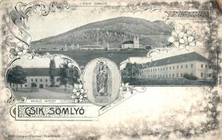 Csíksomlyó, Sumuleu Ciuc; látkép, gimnázium, nevelőintézet, Mária szobra, kiadja Gregor Fischer / general view, grammar school, boarding school, statue; Art Nouveau, floral (kopott sarkak / worn edges)