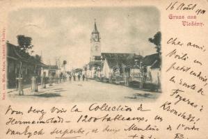 Vledény, Vladeni; utcakép templommal / street with church (EK)