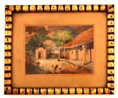 Turiák Ödön (1884-1937): Falusi ház udvara. Akvarell, papír, jelzett, üvegezett keretben, 10x14 cm