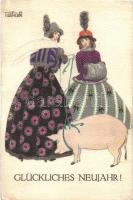 'Glückliches Neujahr' / New Year, Ladies with pig, B.K.W.I. 3090-4., s: Mela Koehler (r)