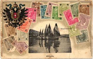 Abbazia, sail ships, Austrian stamps and coat of arms, Ottmar Zieher Philatelie-Ansichtskarte No. 222744., Emb., litho (fa)