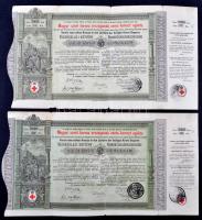 Budapest 1882. Magyar szent korona országainak vörös-kereszt egylete kisorsolási kötvény 5Ft-ról bélyegzésekkel (2x) T:III kis szakadások