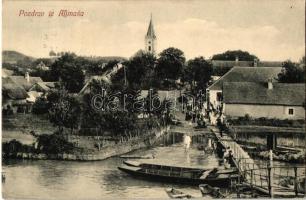 Almás, Aljmas; general view with pedestrian river bridge and rowboats