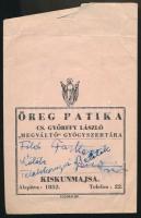 cca 1920-30 Öreg Patika Győrffy Gyógyszertár, Kiskunmajsa, boríték, 17x11cm