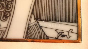 Hollóházi Szász Endre által tervezett porcelán kép, matricás, hibátlan, jelzett, üvegezett fa keretb...