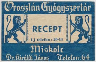1943 Oroszlán Gyógyszertár recept boríték dr. Svoboda Ferenc Vilmos gesztelyi orvos receptjével, 7x1...