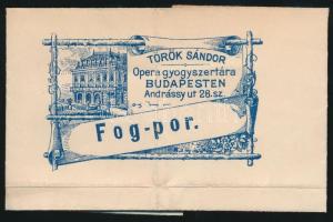 cca 1930-40 Török Sándor Opera Gyógyszertár, Budapest, Fog-por papír boríték, 6x10cm