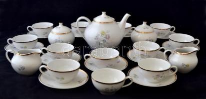 Hollóházi virág mintás teás készlet, jelzett, matricás, hibátlan, egy csészealj hiányzik