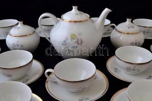 Hollóházi virág mintás teás készlet, jelzett, matricás, hibátlan, egy csészealj hiányzik