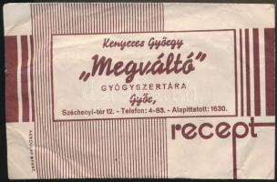 1943 Kenyeres György "Megváltó" Gyógyszertára, Győr receptboríték és benne  dr. Moser Vikt...
