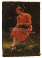 Bertalan Rózsa (1900-1987): Szabadban kötő nő. Olaj, vászon, sérült, 36×25 cm