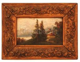 A jelzéssel: Alpesi táj házzal. Olaj, falemez, antik keretben, 12×20 cm