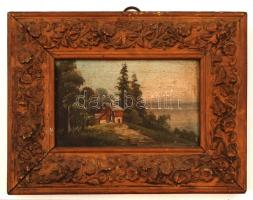 A jelzéssel: Alpesi ház. Olaj, falemez, antik keretben, 12×20 cm