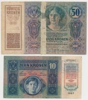 1914. 50K + 1915. 10K mindkettő csehszlovák bélyeggel és felülbélyegzéssel T:III,IV egyik ragasztott
