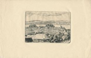 Nemes Török János (1907-1982): Faluvége, rézkarc, dúcon jelzett, papír, 8x12cm + a művész levéálpapírja