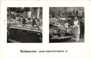 1940 Kolozsvár, Cluj; bevonulás, az ünneplők karlendítéssel köszöntik a német Wehrmacht jelenlévő tisztjét, hölgyek a Tűzoltóparancsnok gépkocsijával / entry of the Hungarian troops, German Army officer greeted by Hitler salute, ladies with the  Fire-fighter chief's automobile, 'Kolozsvár visszatért' So. Stpl.