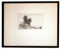 Rudnay Gyula (1878-1957): Dombos táj fákkal. Rézkarc, papír, jelzés nélkül, üvegezett keretben, 15×23 cm