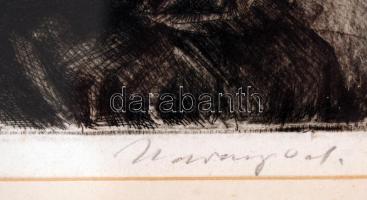 Udvary Pál (1900-1987): Delelés. Rézkarc, papír, jelzett, üvegezett  keretben, 20×32 cm