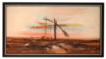 Tóth Rozália (1946-2015): Gémeskút. Olaj- gipsz, farost, jelzett, keretben, 50x100 cm