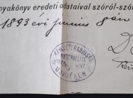1893 Kivonat az ujvidéki kerületi izraelita hitközség születési anyakönyvéből, okmánybélyeggel (50kr...
